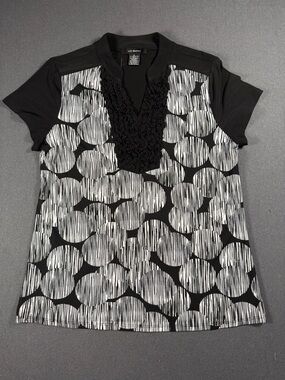 Liz McCoy Medium Black White Geometric Blouse Ruffle Neck NWT Work Top